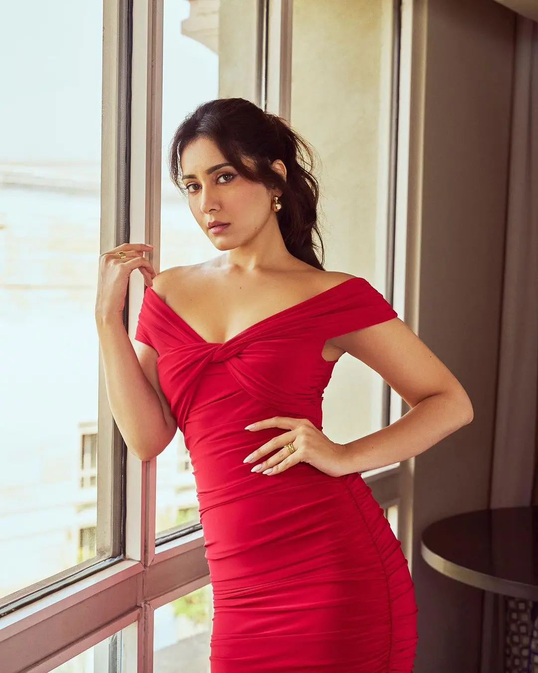 Raashi Khanna Long Legs Show In Red Gown